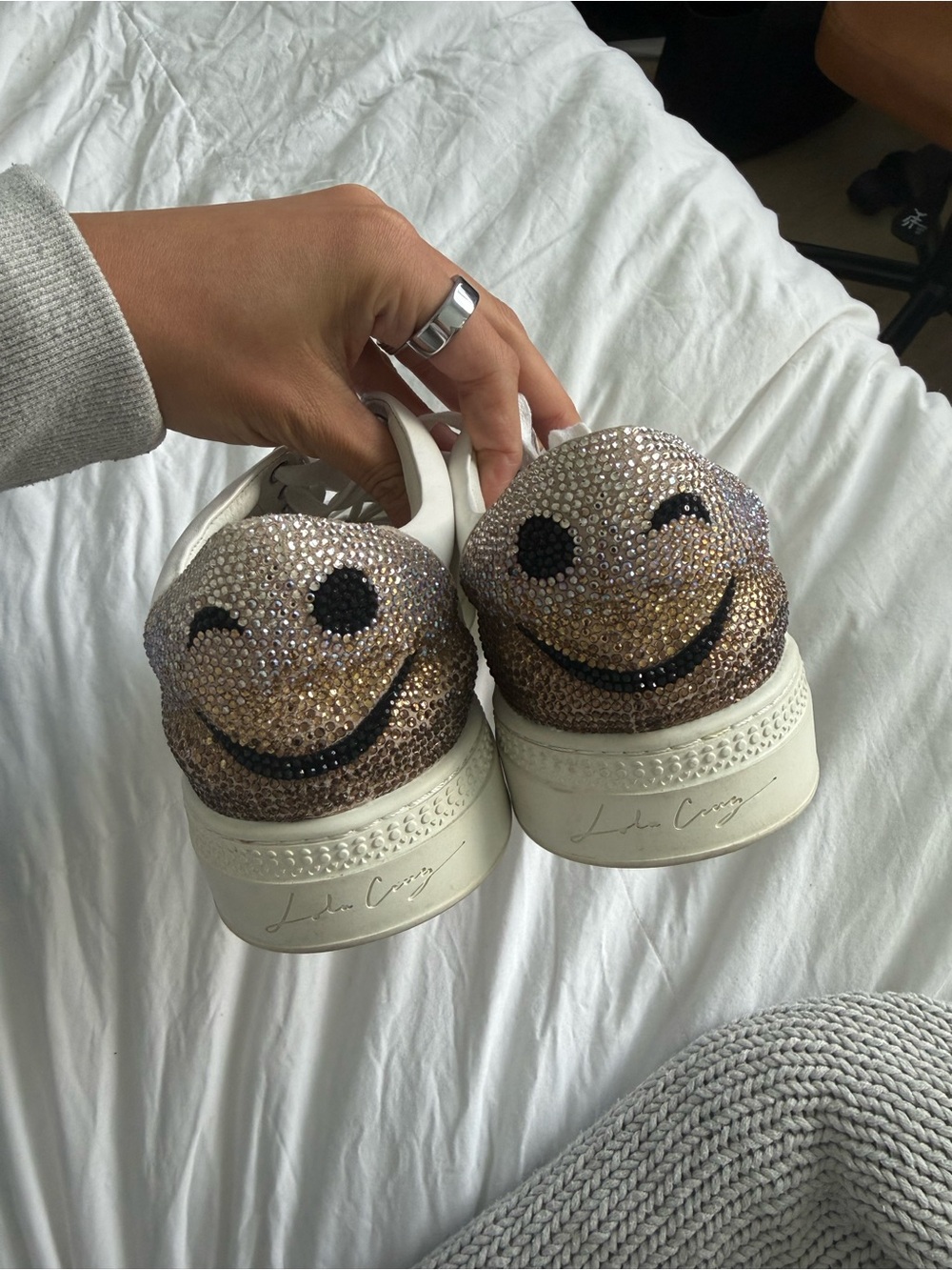 Crystal Smiley Low-Top Sneakers - White/Champagne